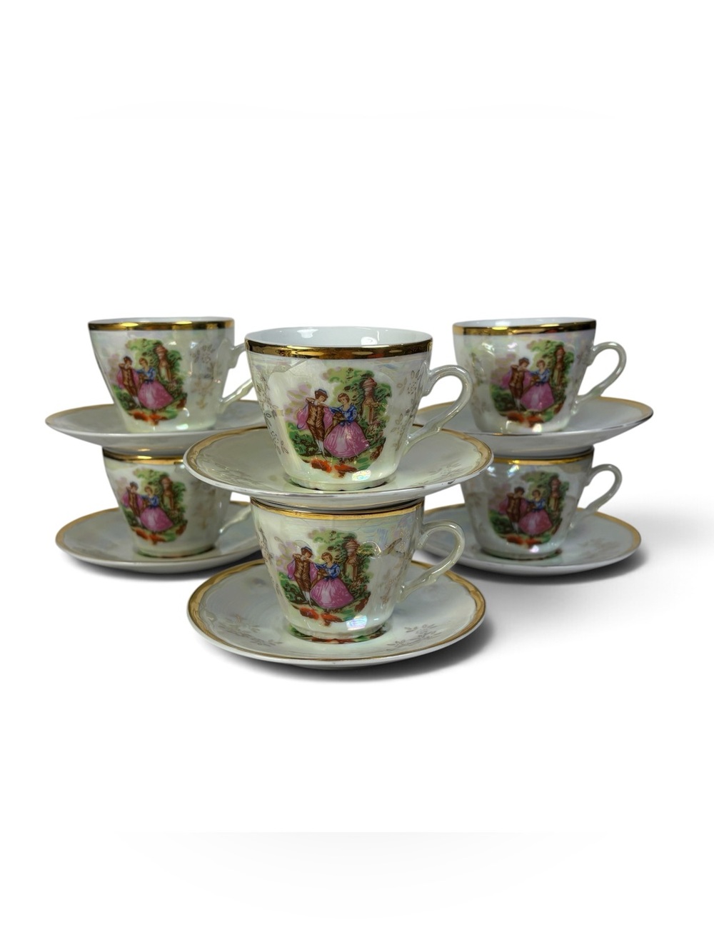 Vtg Lusterware Set Of 6 Espresso Cup Saucers Courting Couple 24K Gold Trim Japan